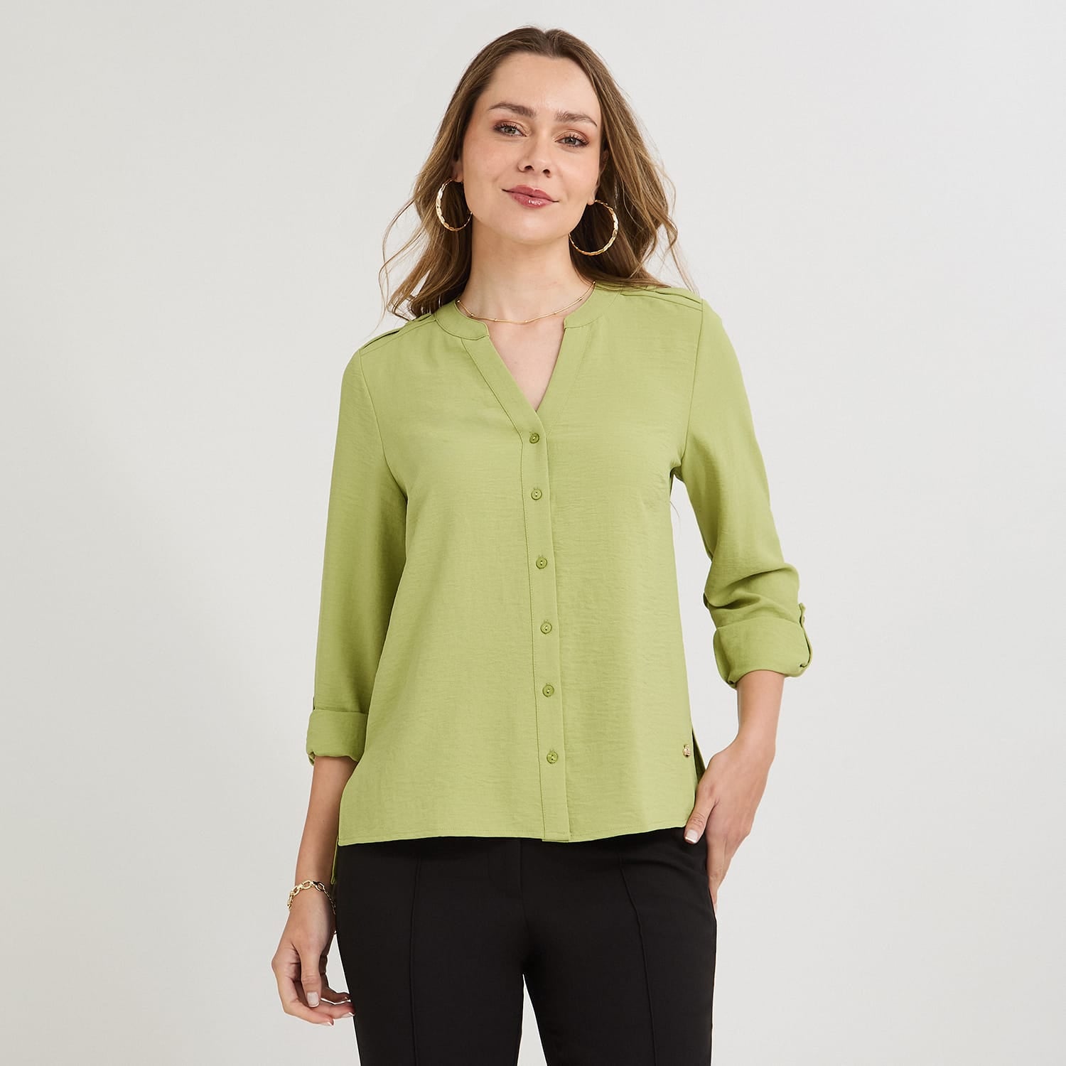 Blusa Manga Larga con Botones Frontales Verde
